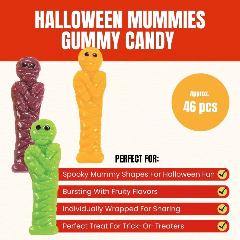 Fun Express 1 lb. Mummies Green, Yellow & Purple Fruit Gummy Candy - 46 Pieces