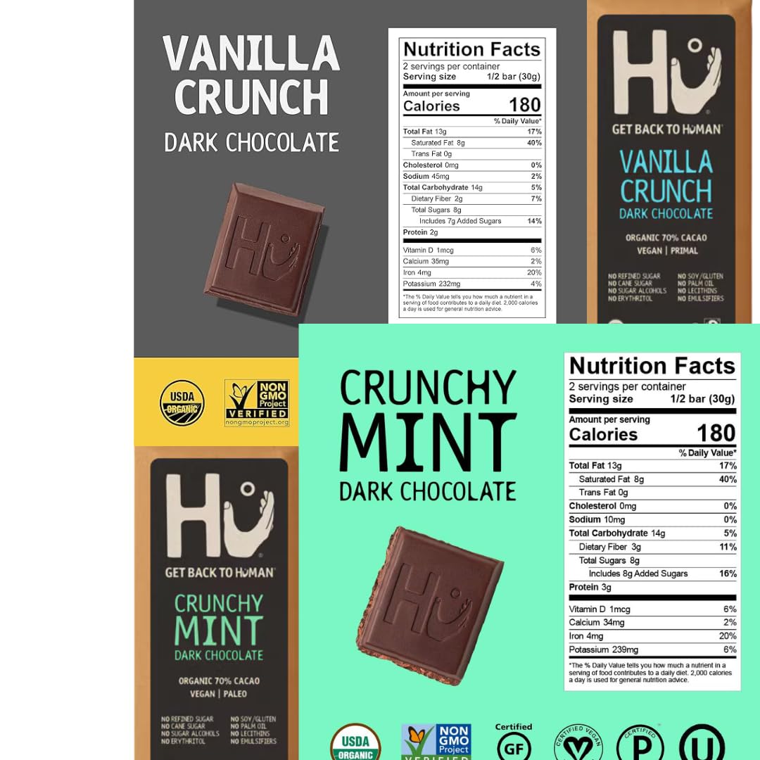 HU Dark Chocolate Bars Variety Pack, 8 Count - Simple, Salty, Cashew Buter Raspberry, Hazelnut Btr, Cashew Bttr & Vanilla Bean, Almond Butter & Puffed