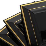 SEHOI 120 PCS 6.5 Inch Black Square Plastic Plates, Disposable Square Dinner Plates with Gold Rim, Small Disposable Salad Dessert Cake Plates