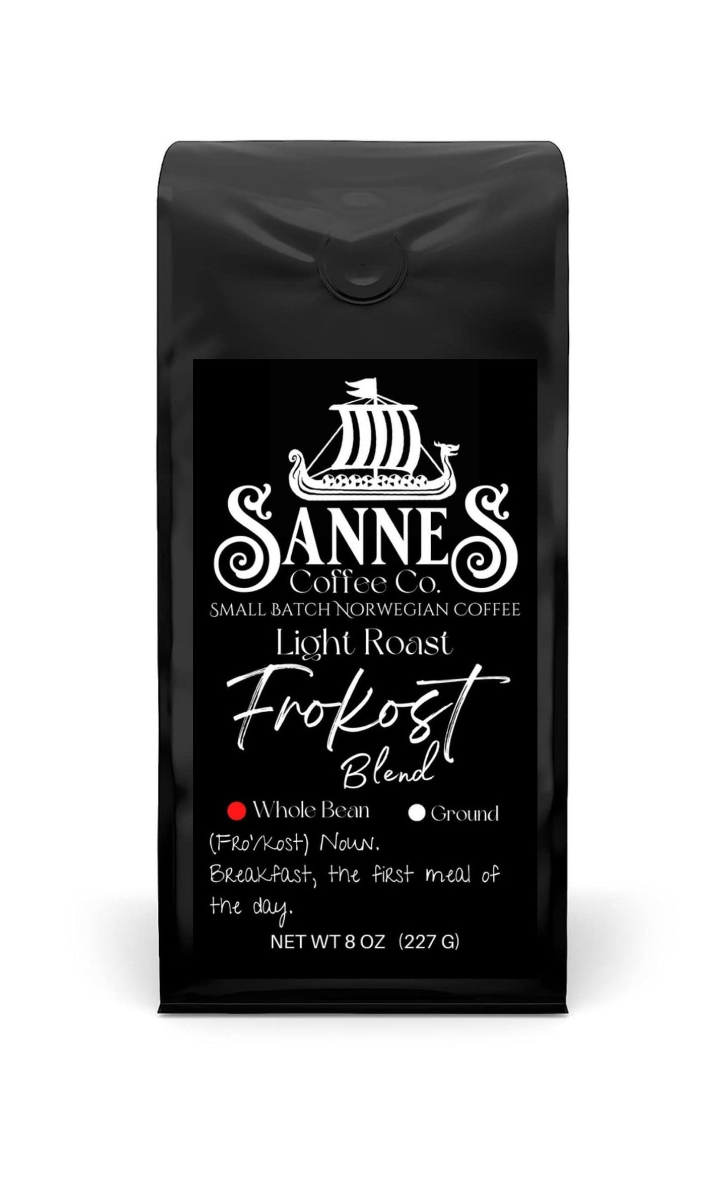 Sannes Coffee Co. Norwegian Coffee-Frokost Blend Light Roast Coffee-Smooth Never Bitter-Resealable bag (Whole Bean, 8 oz)