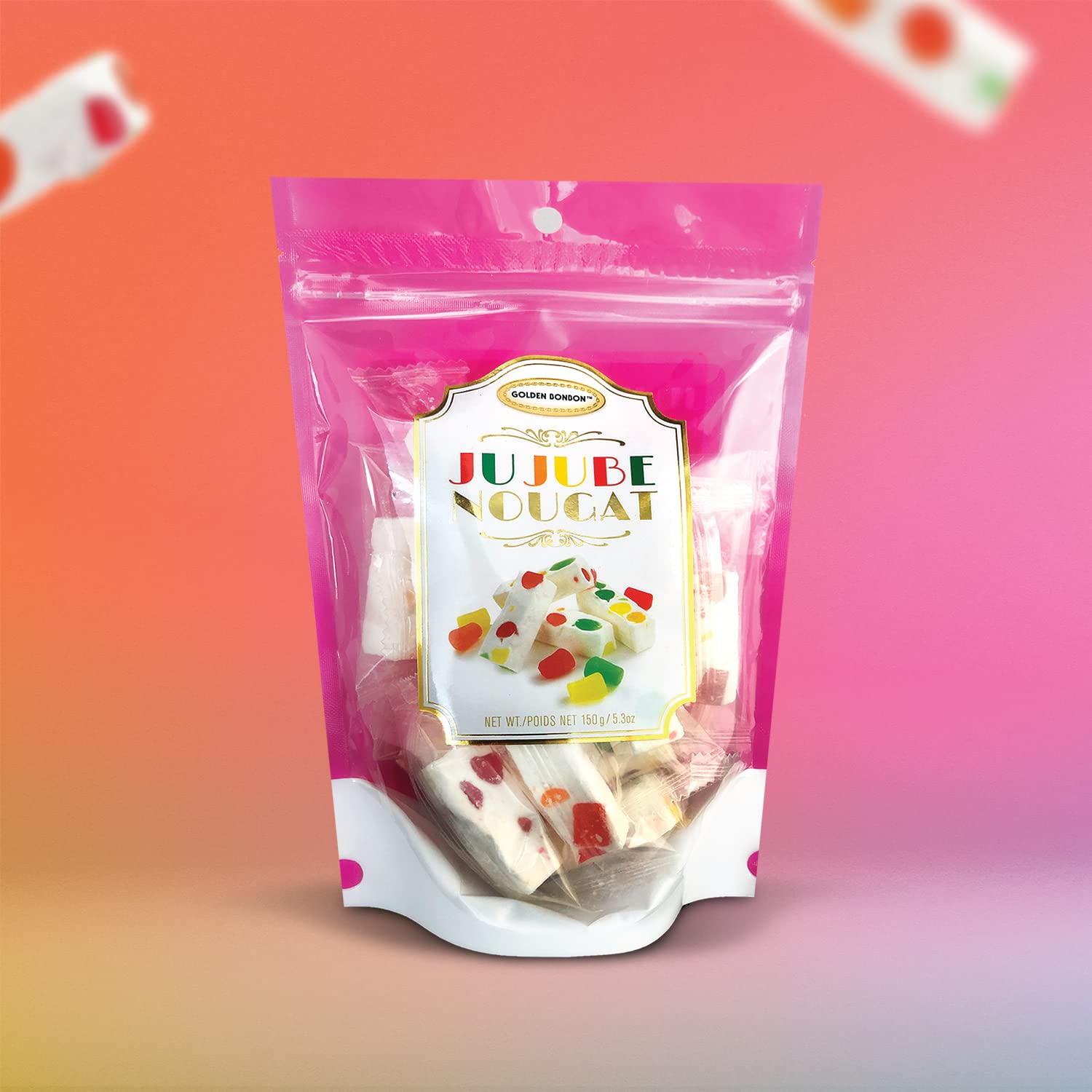 Golden Bonbon Italian Jujube Nougat Gluten Free Candy Soft Chewy With Fruity Jelly Beans Original Recipe, 5.3 Ounces