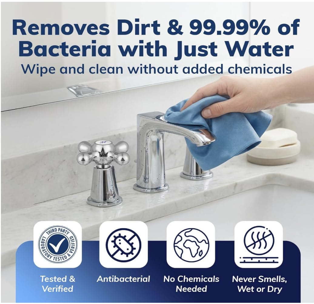 KleenCloth Reusable Antibacterial Cleaning Cloths - Removes 99.99% of Bacteria with Just Water | Silver-Embedded, Chemical, Odor, Streak