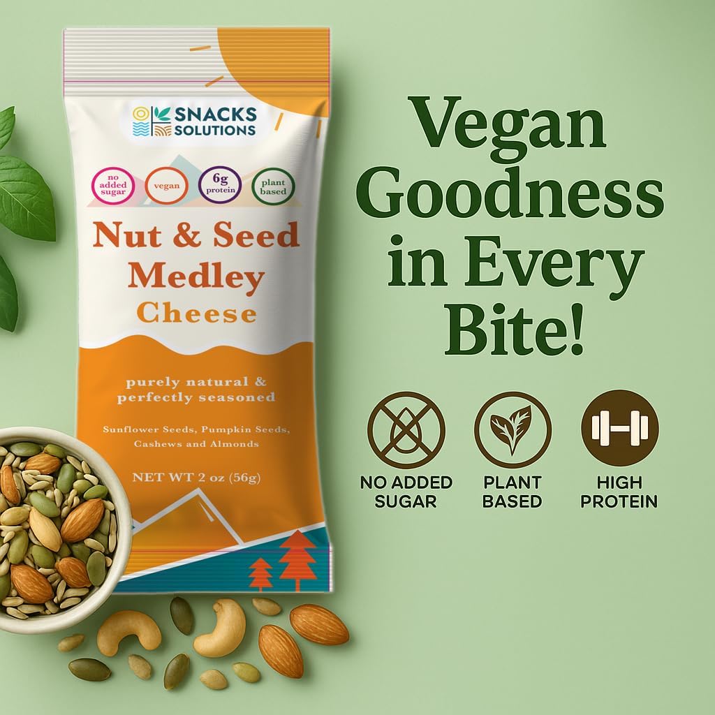 Snacks Solutions Nut & Seed Medley - Healthy Snack & Salad Topper with 6g Plant Protein, Vegan & Gluten Free, Roasted Crunch, Cheese Flavour - 2 oz