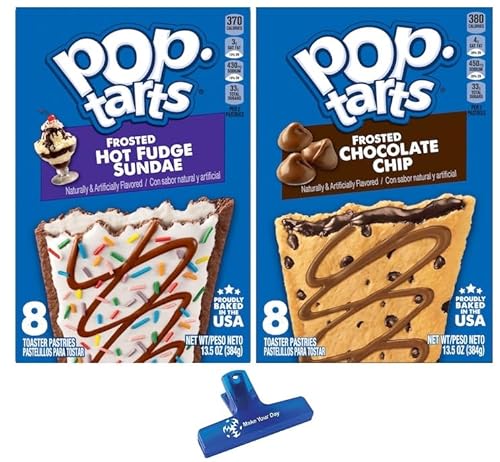 Pop Tarts Frosted Toaster Pastries, Hot Fudge Sundae, Chocolate Chip, 13.5 Ounce (Pack of 2) - with Make Your Day Bag Clip