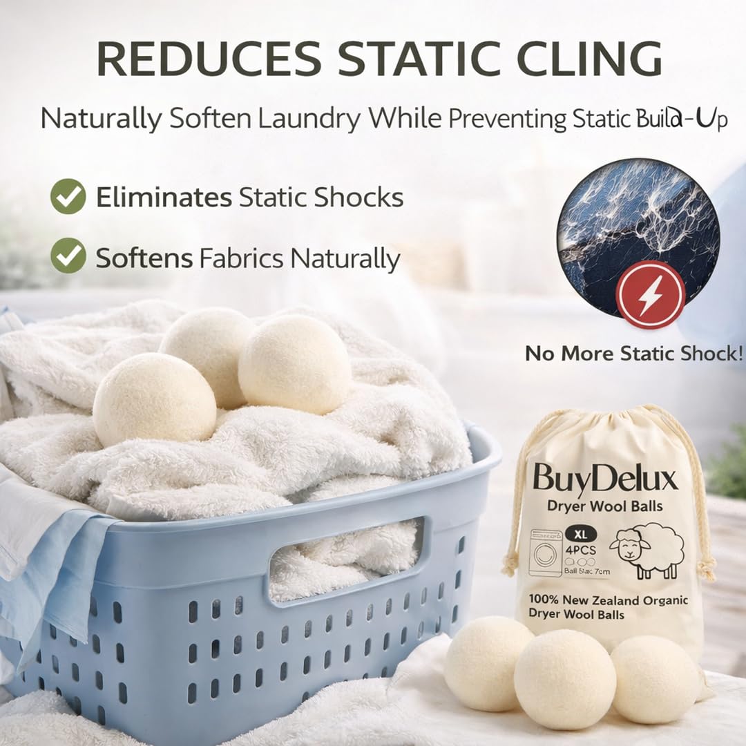 Wool Dryer Balls 4 Pack XL 7cm, 100% New Zealand Wool, Reusable 1000+ Loads, Natural Fabric Softener Alternative, Reduces Static & Wrinkles.