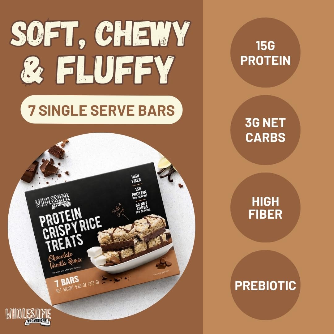Protein Crispy Rice Treats, 15g Protein, 3g-7g Net Carbs, Low Carb, Fluffy, Soft, Chewy, Gluten Free, High Fiber, Keto-Friendly, No Aftertaste