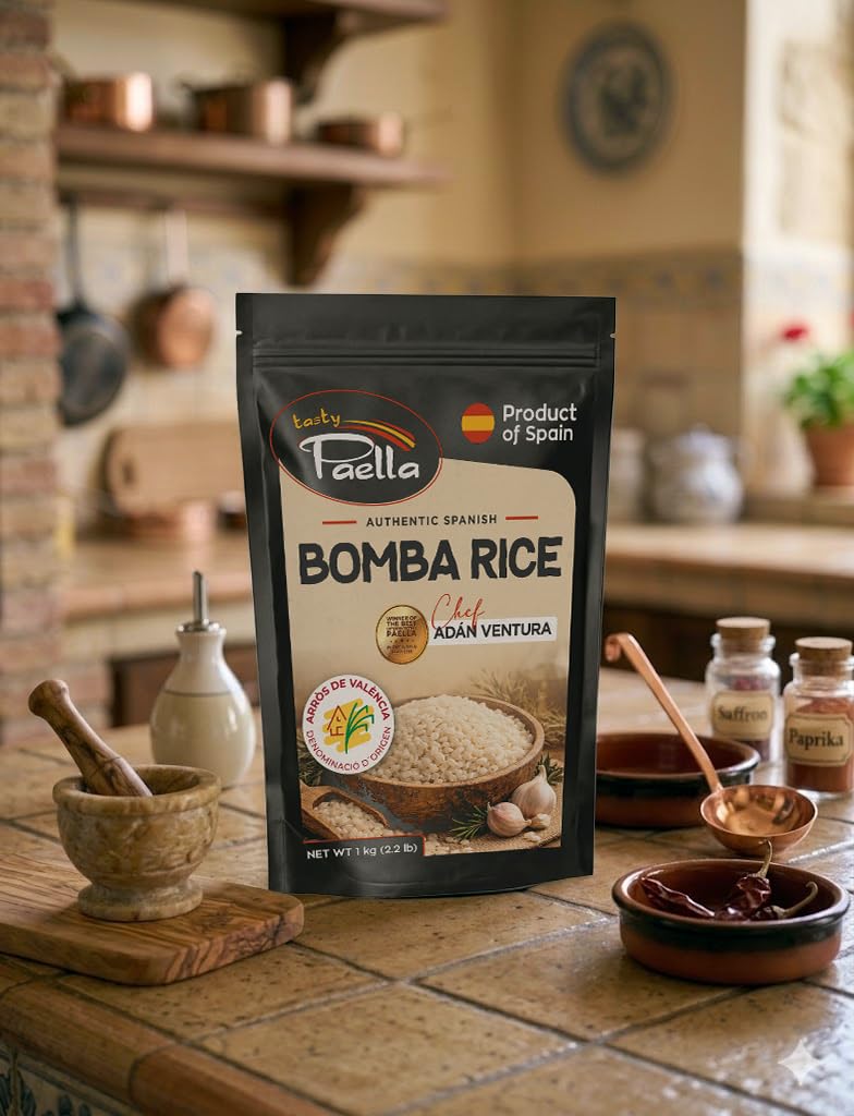 TASTY PAELLA Bomba Rice from Spain by Chef Adan Ventura, Authentic Bomba Paella Rice - Firm, Natural Spanish Grain, 1kg (2.2 lb)