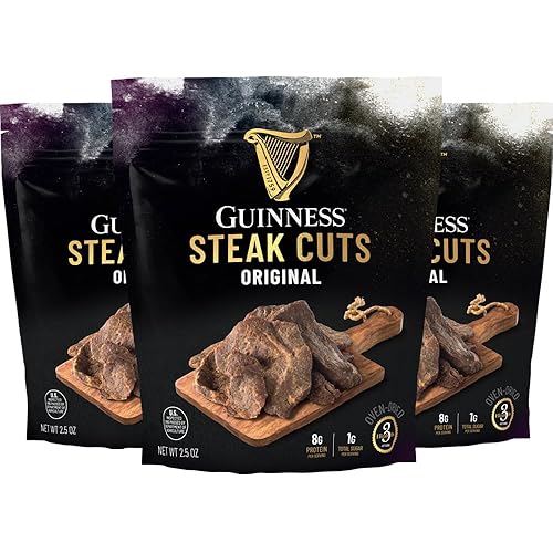 Guinness Steak Cuts, Original Flavor, 3 Pack (2.5 Ounce Bags) - Tender Real Steak Snack Marinated in Guinness 0.0 - Savory Pot Roast Flavor - Jerky