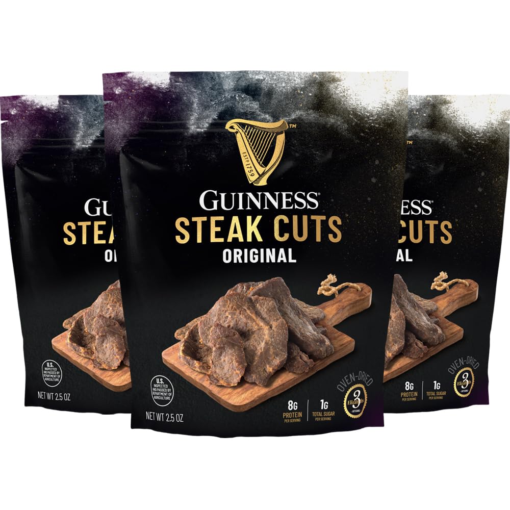 Guinness Steak Cuts, Original Flavor, 3 Pack (2.5 Ounce Bags) - Tender Real Steak Snack Marinated in Guinness 0.0 - Savory Pot Roast Flavor - Jerky