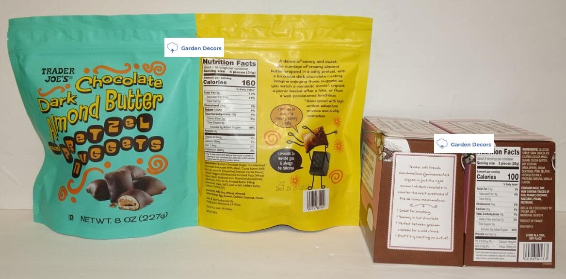 Trader Joes Dark Chocolate Almond Butter Filled Pretzel Nuggets & Dark Chocolate Covered Marshmallows (Four Items), 8 Ounces