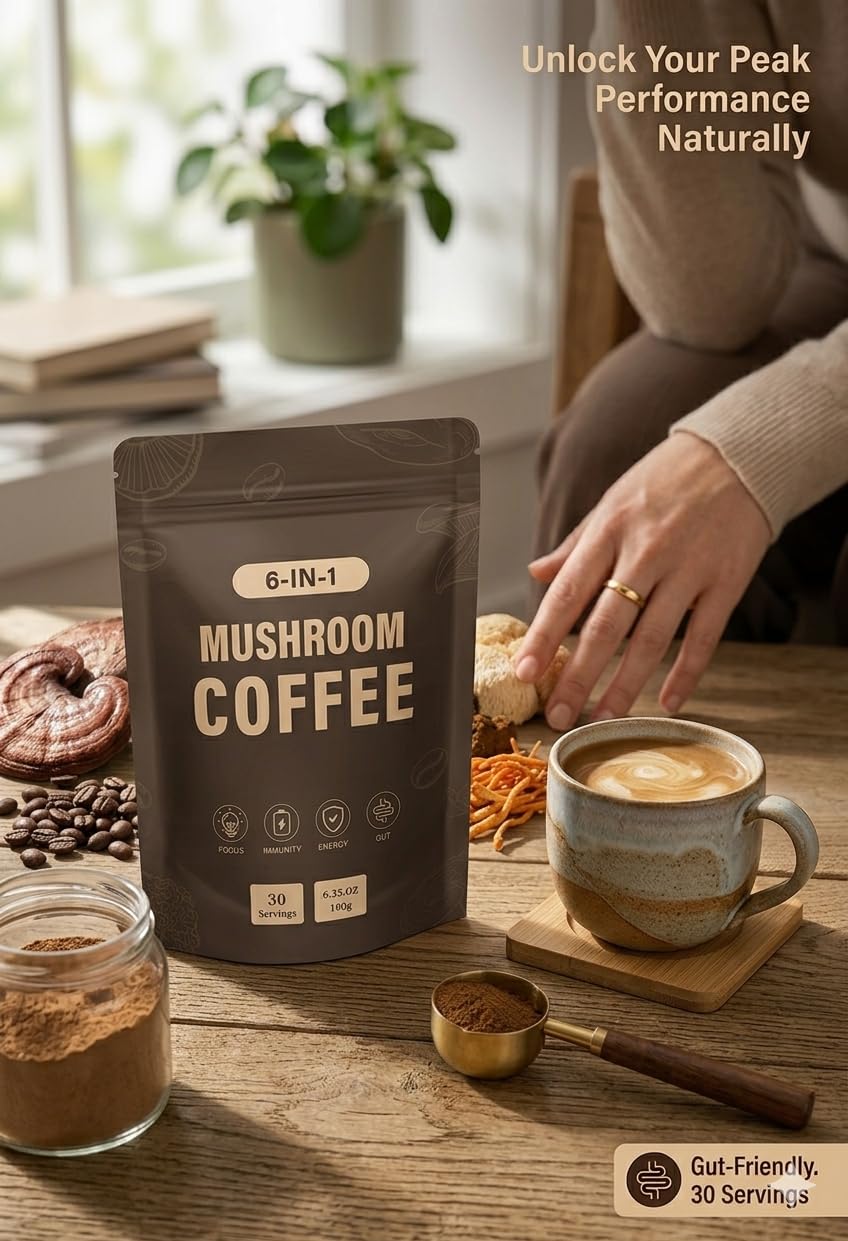 Mushroom Coffee 6 Mushrooms for Gut Health, Energy and Focus Support