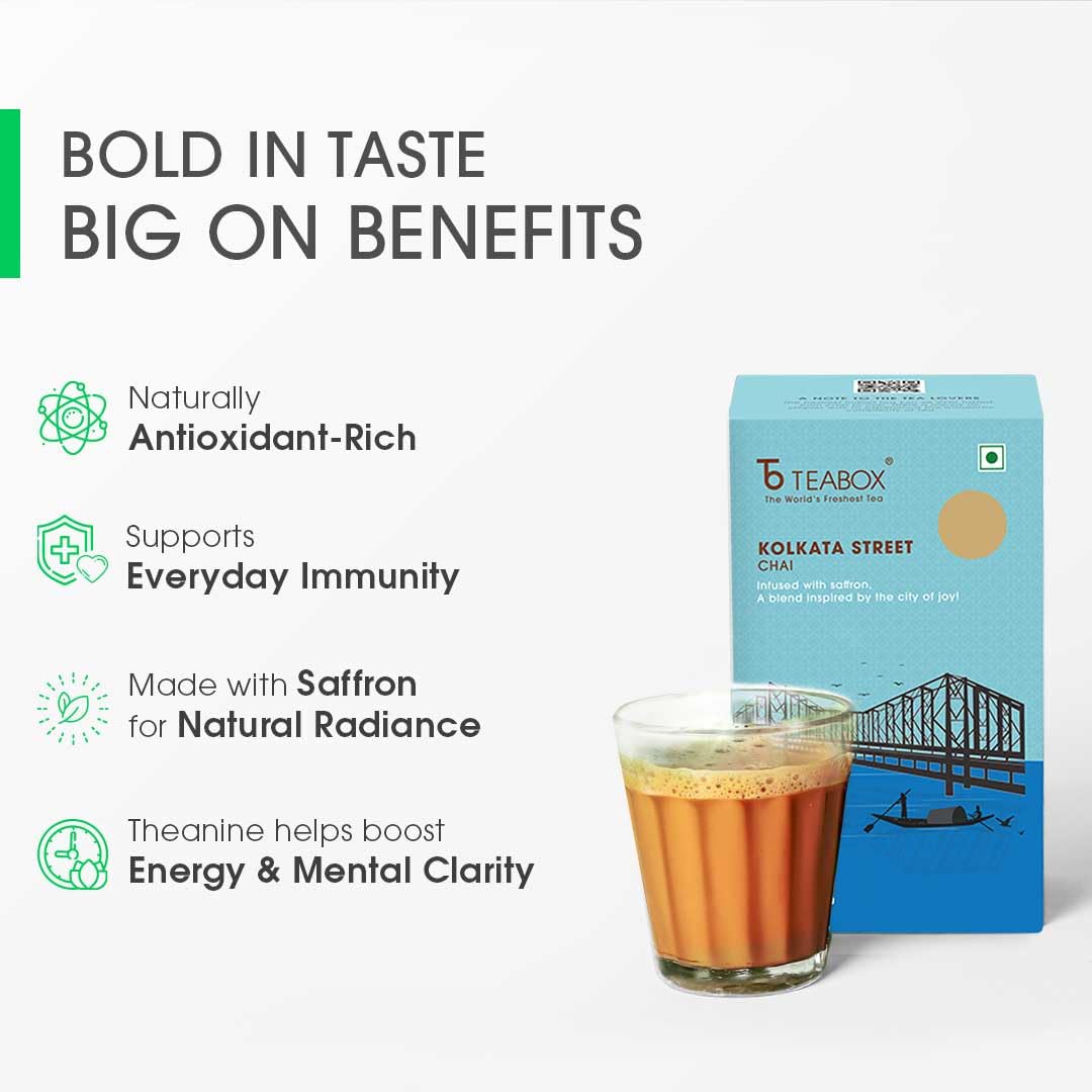 Teabox Kolkata Street Masala Chai 8.81 oz| Reminiscent Of The City Of Joy | Tea Blended With Saffron, Cardamom, Nutmeg & Ginger, With Exquisite Aromas