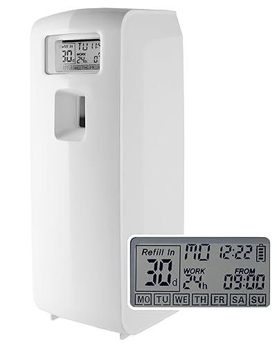 Programmable Commercial Air Freshener for Businesses or Home, White LCD Automatic Bathroom Air Freshener Spray Dispenser- Schedule by Day, Time