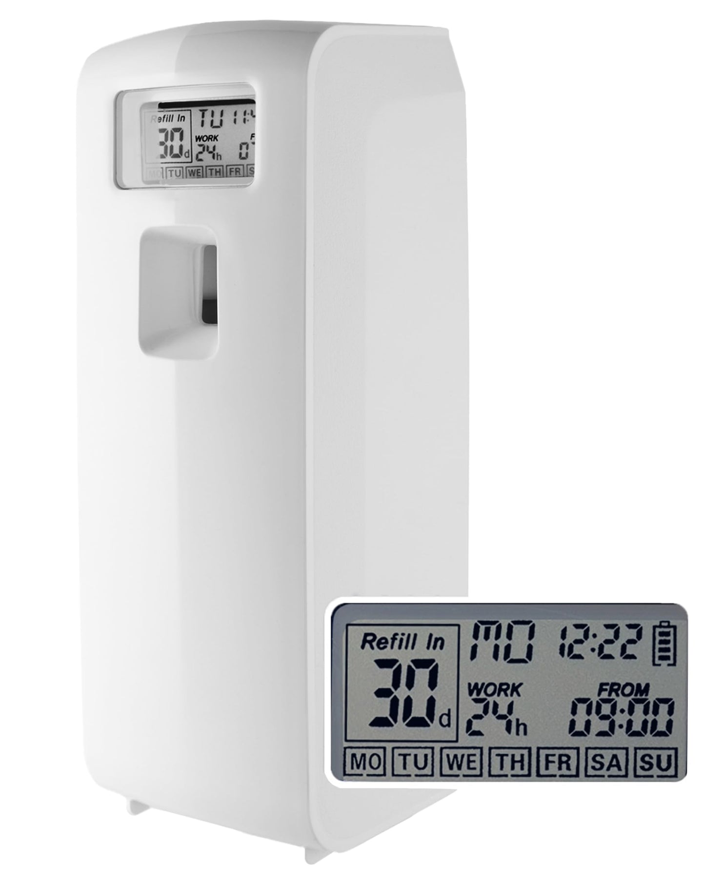 Programmable Commercial Air Freshener for Businesses or Home, White LCD Automatic Bathroom Air Freshener Spray Dispenser- Schedule by Day, Time