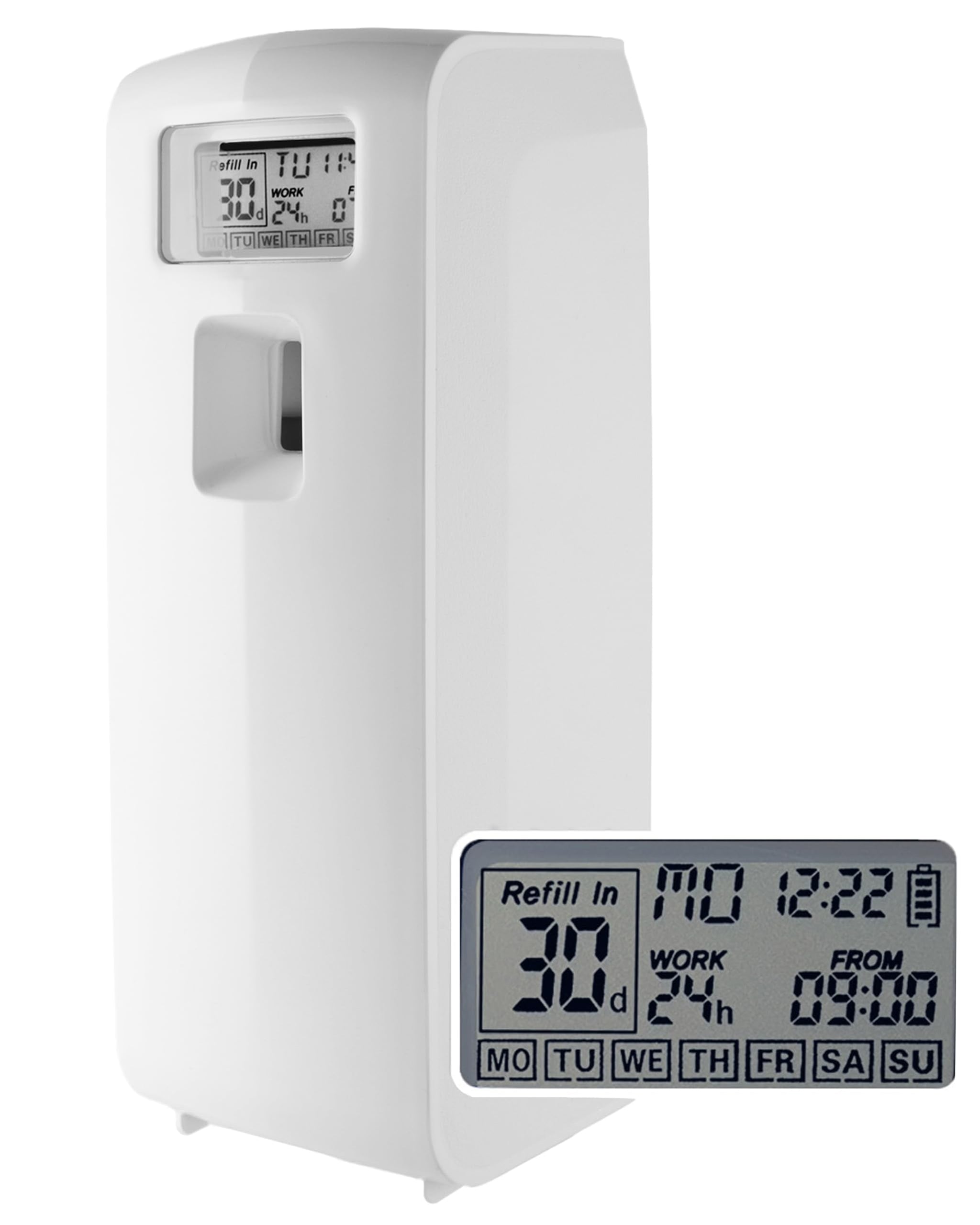 Programmable Commercial Air Freshener for Businesses or Home, White LCD Automatic Bathroom Air Freshener Spray Dispenser- Schedule by Day, Time