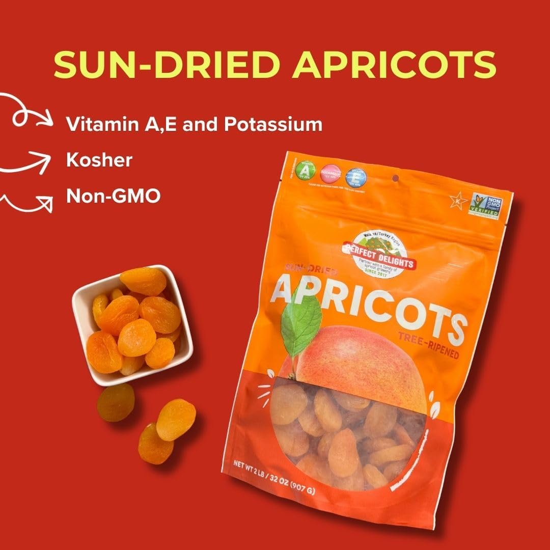 Perfect Delights Sun-Dried Turkish Apricots, Vegan & Healthy Fruit Snack for Kids and Adults - Single Pack (32 oz)