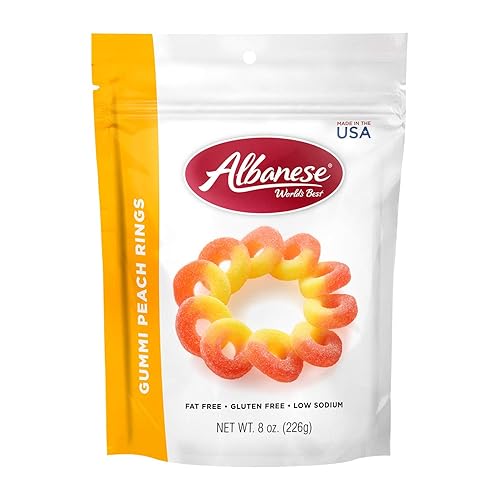 Albanese World's Best Gummi Peach Rings | 8oz of Candy | Gluten Free, Fat Free, Soft and Chewy Gummy | Perfect as a Drink Garnish for Parties