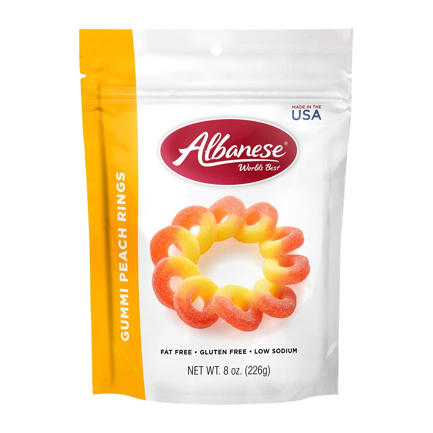 Albanese World's Best Gummi Peach Rings | 8oz of Candy | Gluten Free, Fat Free, Soft and Chewy Gummy | Perfect as a Drink Garnish for Parties
