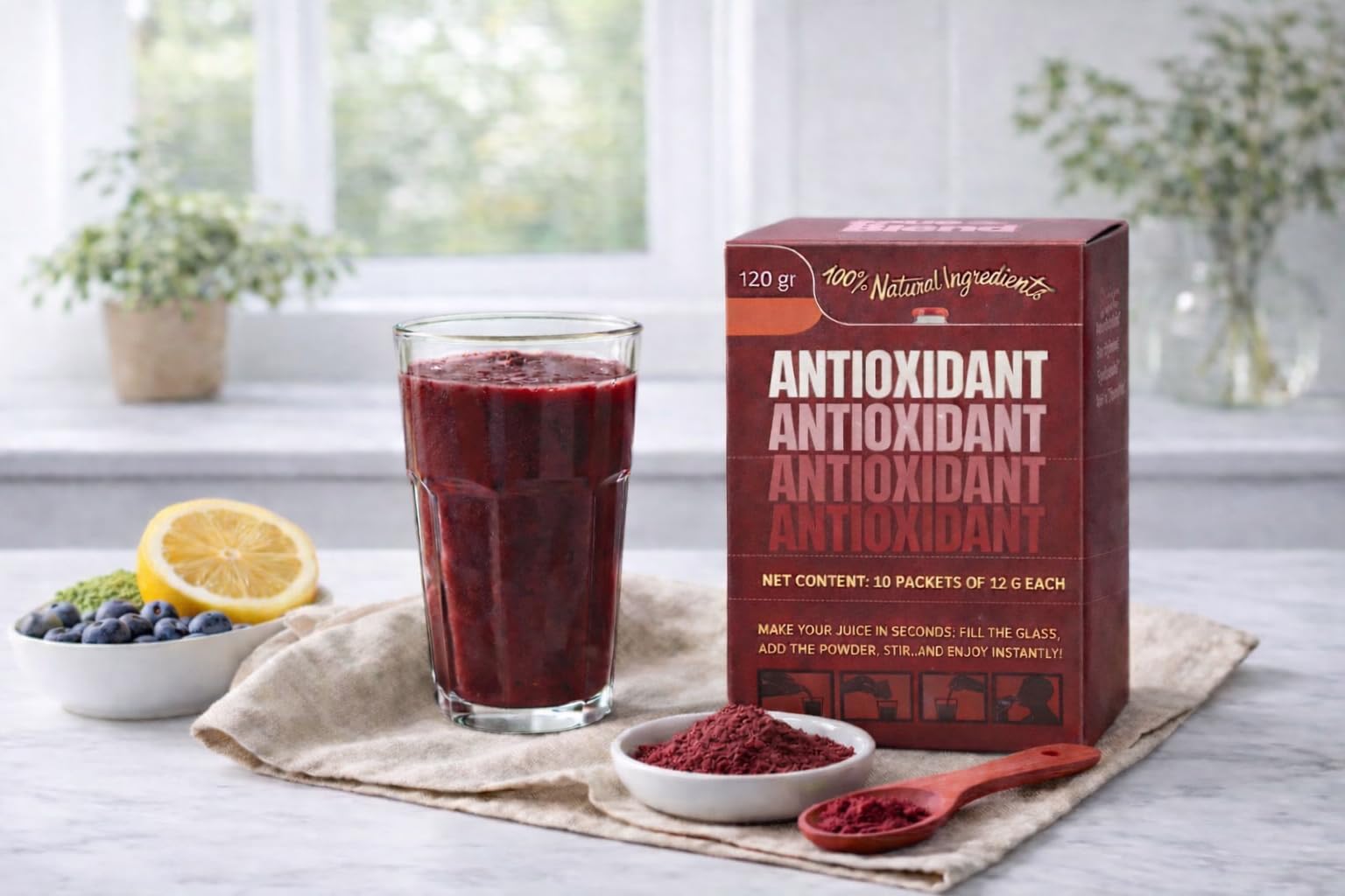 Antioxidant Juice Powder Drink Mix with Fiber - Red Fruit & Vegetable Blend (Beet, Acai & Berry), No Added Sugar, 10 Stick Packs | TrueBlend