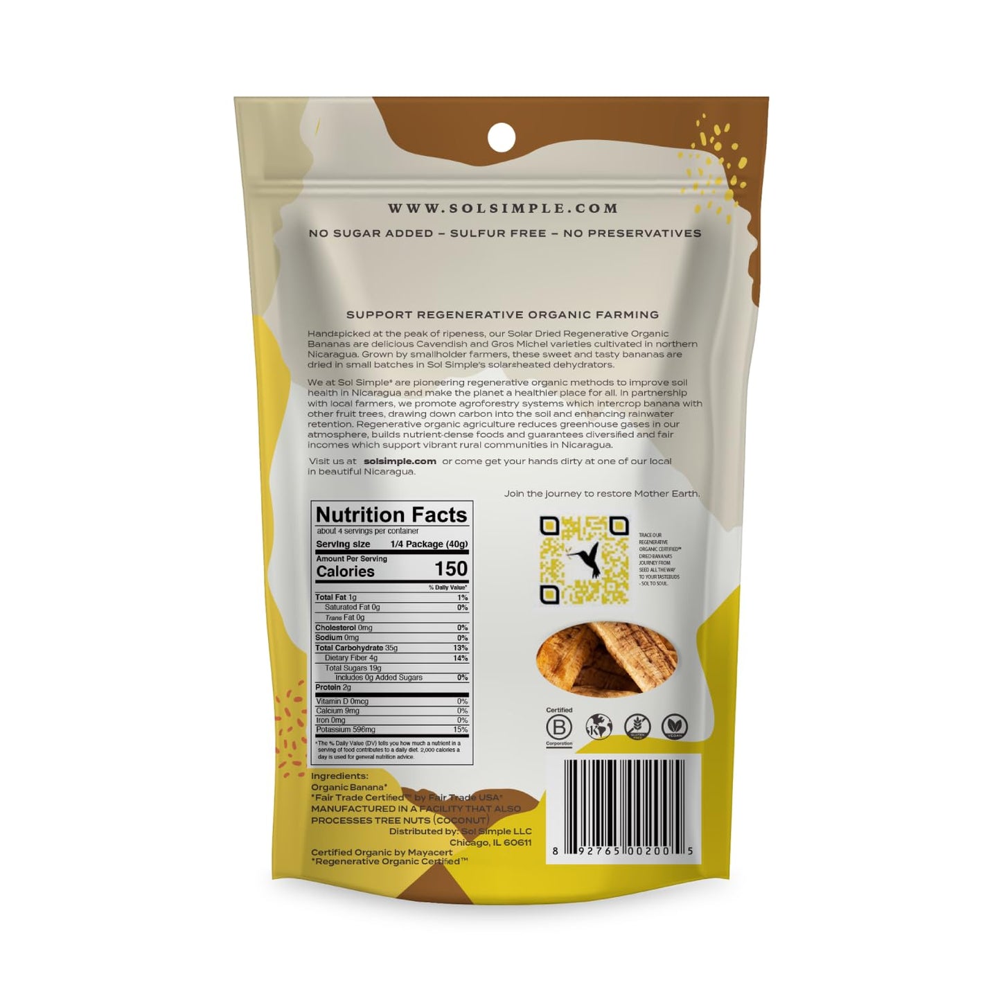 SOL SIMPLE Regenerative Organic Certified, Dried Banana | 6oz Snack Pack (2 Bags Total) | One Ingredient | Vegan | Non-GMO | No Added Sugar | Fair