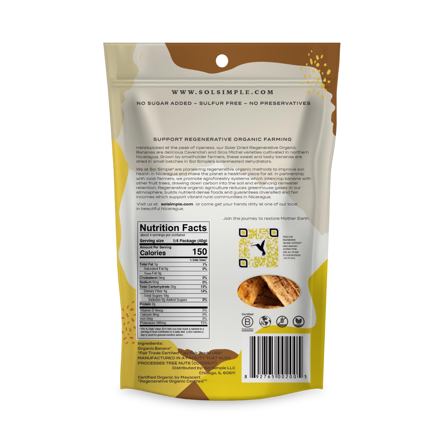 SOL SIMPLE Regenerative Organic Certified, Dried Banana | 6oz Snack Pack (2 Bags Total) | One Ingredient | Vegan | Non-GMO | No Added Sugar | Fair