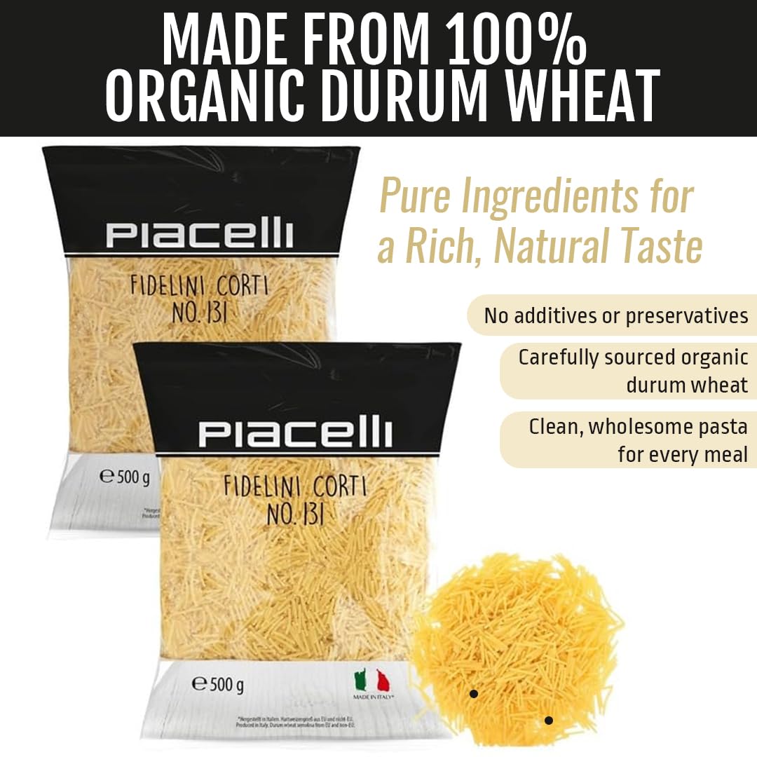Piacelli Short fidelini pasta - Protein Pasta Made from Fine Durum Wheat Semolina for Rich Flavor - Enjoy Organic Noodles in Your Favorite Recipes