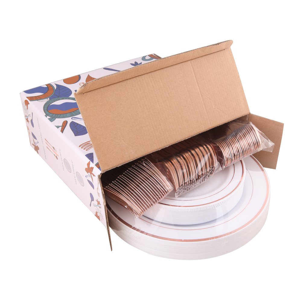 WDF-125PCS Rose Gold Plastic Silverware&Disposable Plastic Plates - Disposable Plates include 25 Dinner Plate,25 Salad Plate,25 Forks, 25 Knives, 25