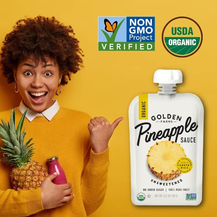 Golden Farms Pineapple Pouches, Single Ingredient Healthy Snacks, 100% Pure Fruit, No Added Sugar, Vegan, Gluten-Free, Kosher, Organic Squeeze Pouch