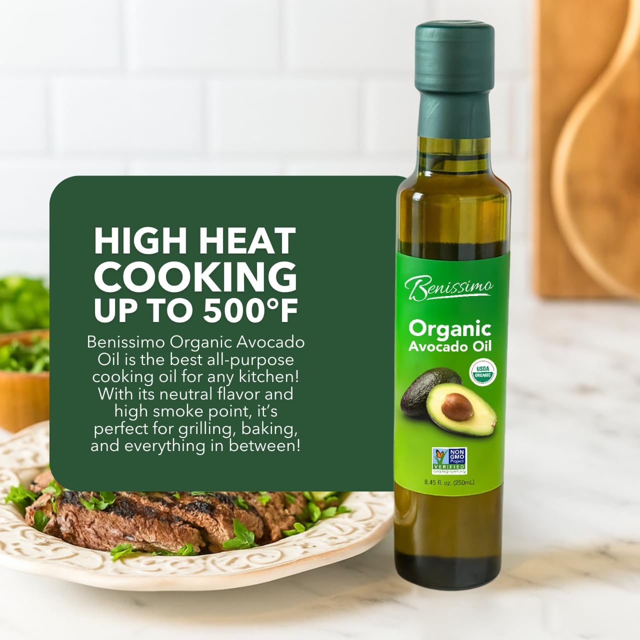 Benissimo Organic Avocado Oil, 8.45 Fl Oz · Cold-Pressed, USDA Organic, Non-GMO, Allergen-Free Premium Cooking Oil for Sautéing, Roasting, Baking