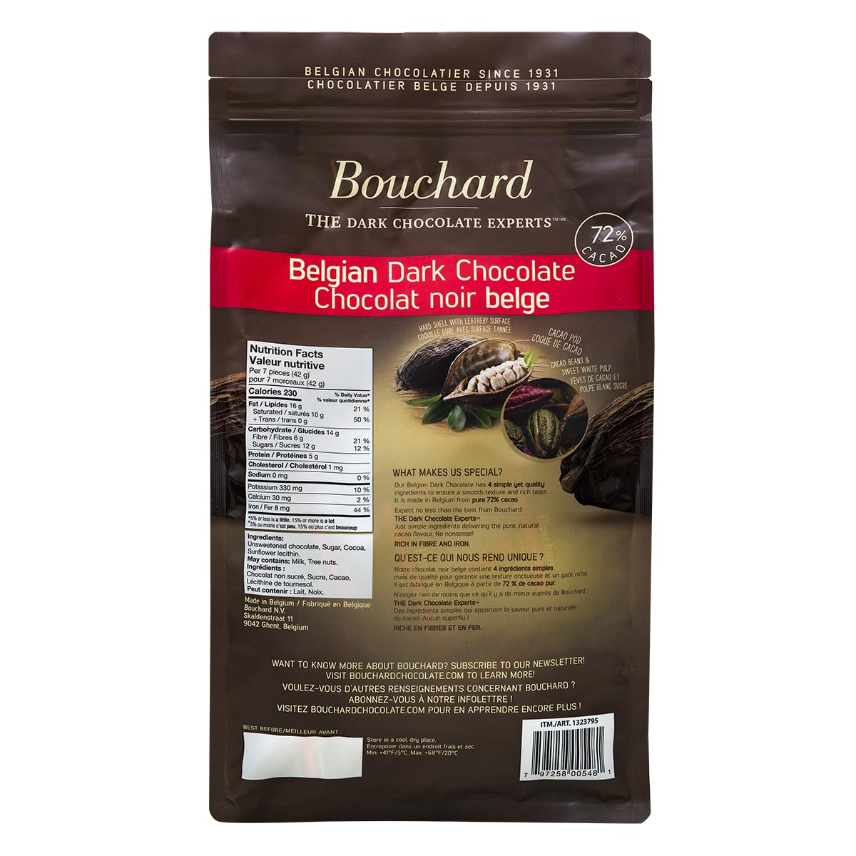 Bouchard Premium Belgian Dark Chocolate with 72% Cacao | Individually Wrapped Pieces (2 LB) (CAN)