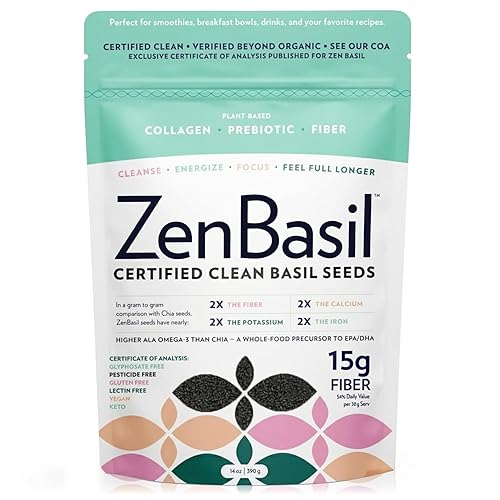Zen Basil Seeds | edible basil seeds, kosher, non-gmo, lectin free, gluten free, plant based, keto, paleo, vegan | 15g fiber per/serv | 14oz | more
