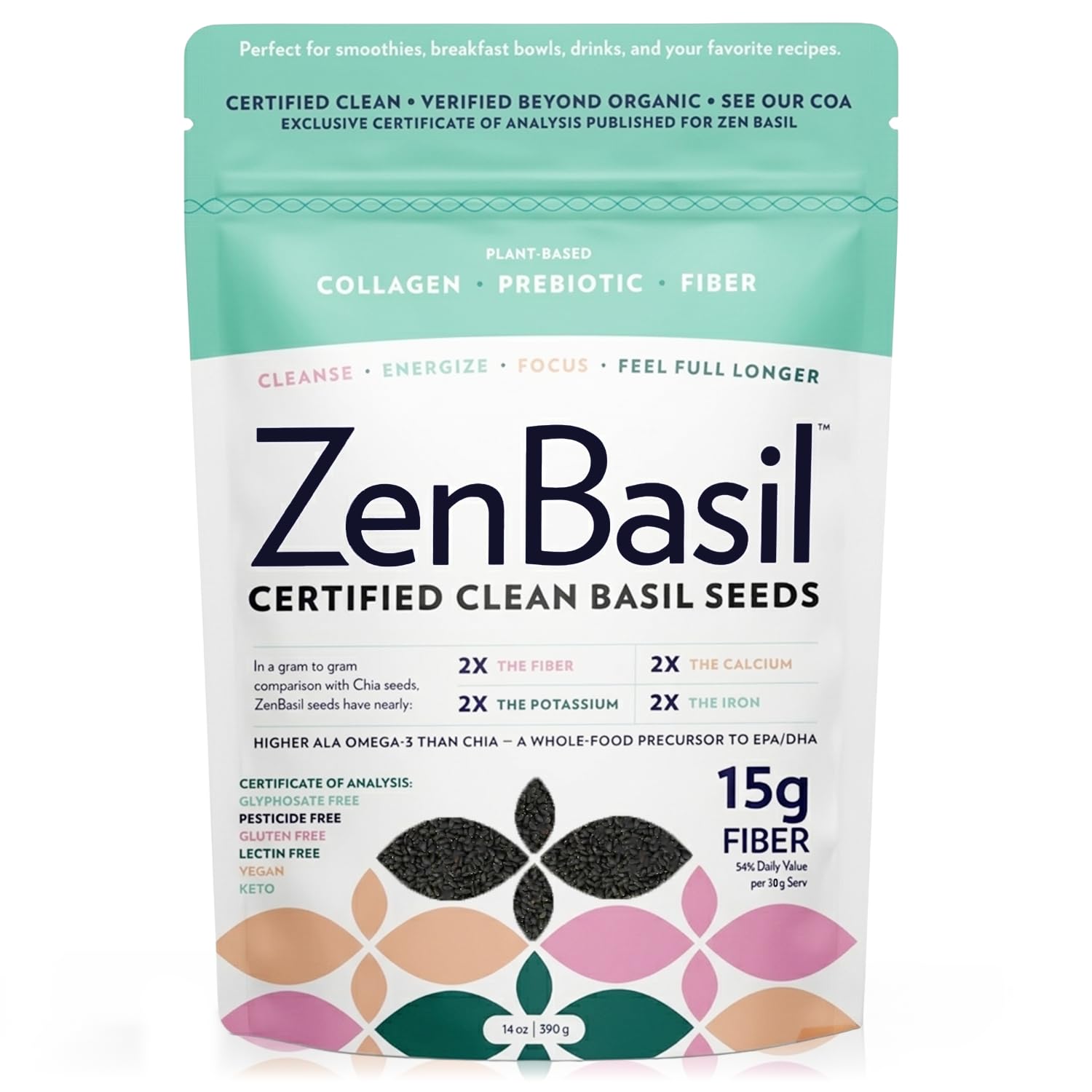 Zen Basil Seeds | edible basil seeds, kosher, non-gmo, lectin free, gluten free, plant based, keto, paleo, vegan | 15g fiber per/serv | 14oz | more