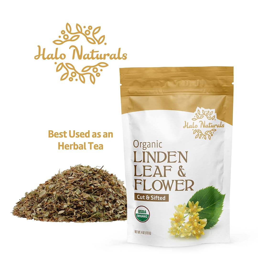 Halo Naturals Organic Linden Leaf & Flower Cut & Sifted, 4 Ounces (Tilia europaea) USDA Certified | Resealable Pouch| Packaged in The USA
