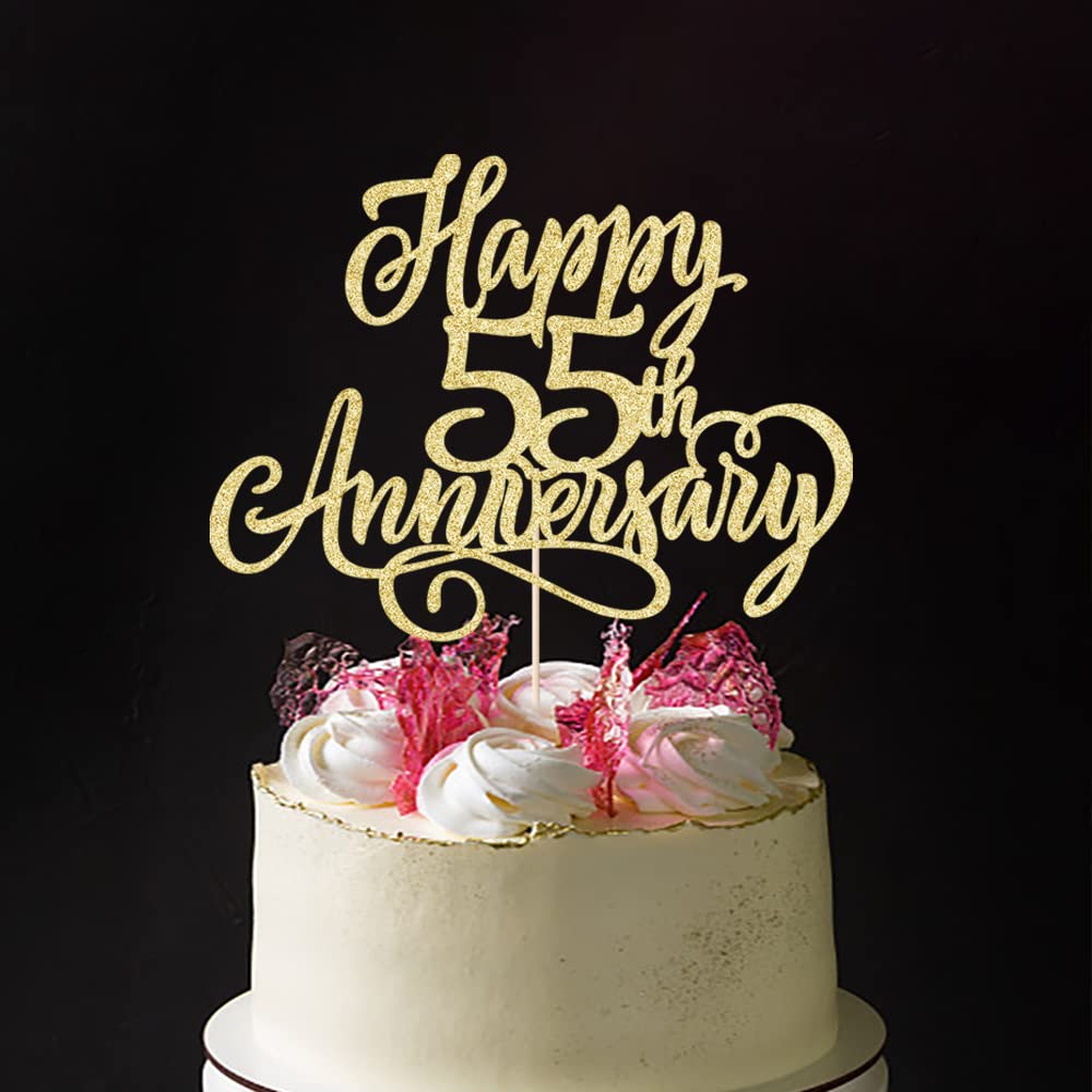 AROKIPPRY golden Glitter Happy 55th Anniversary Cake Topper - for Wedding Anniversary/Company Anniversary Party / 55th Birthday Party Decorations