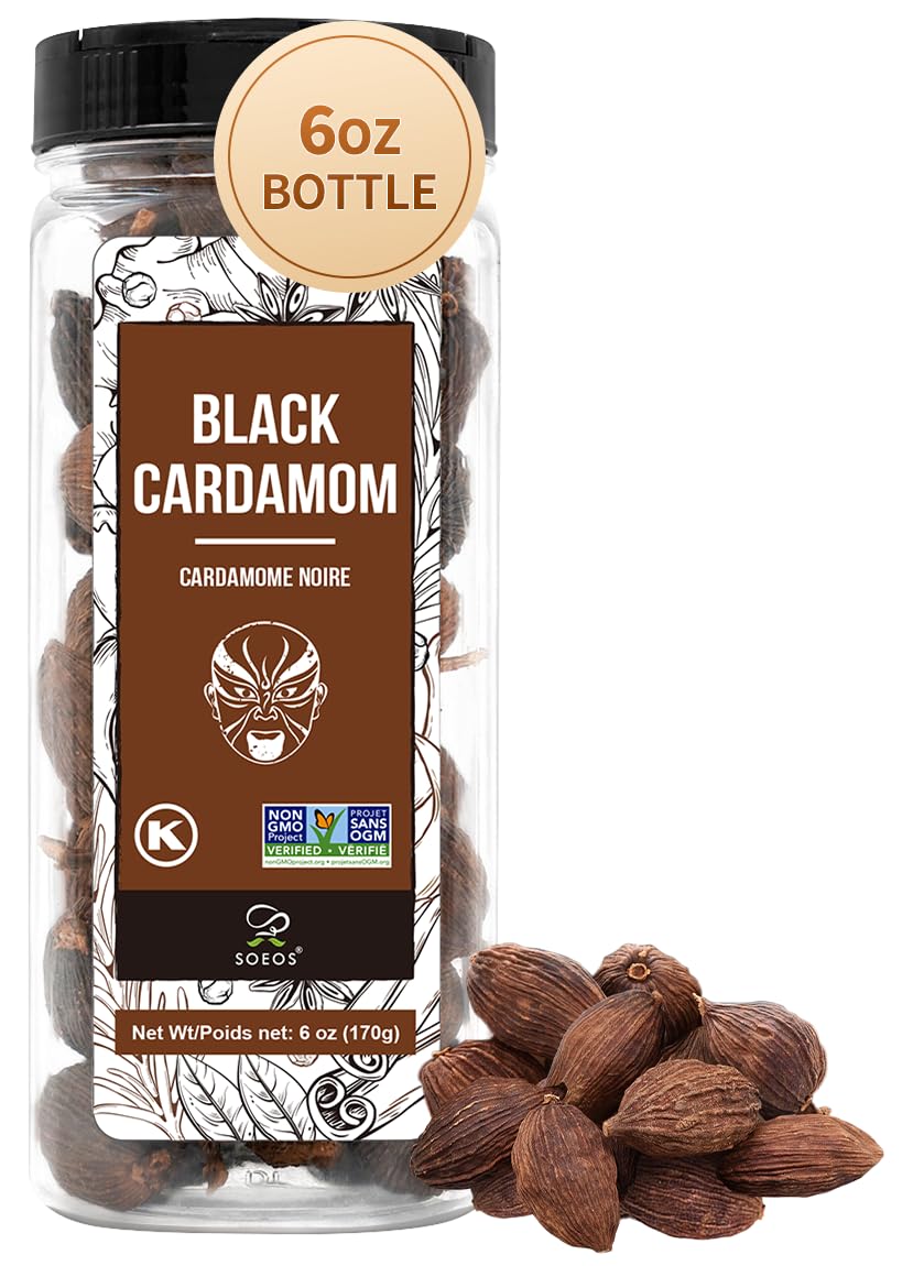 Soeos Black Cardamom Pods, 6 Ounces, NON GMO Verified, Kosher, Smoky Flavor, Freshly Dried Cardamom Seeds, Perfect for Asian and India Cooking Spice