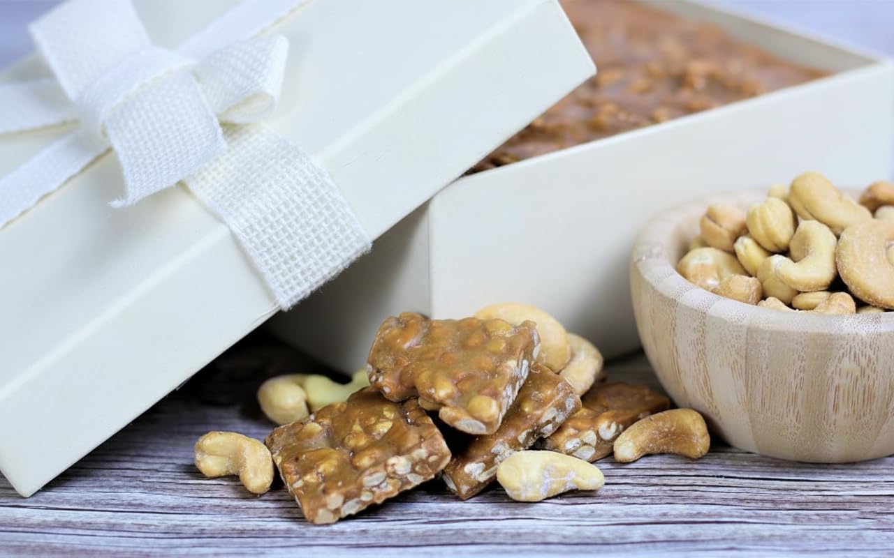 Gourmet Cashew Brittle White Gift Box - by Its Delish | Handmade Old-Fashioned Style | Beautiful & Delicious Square Cut Pieces 16 Oz Cashew Brittle |