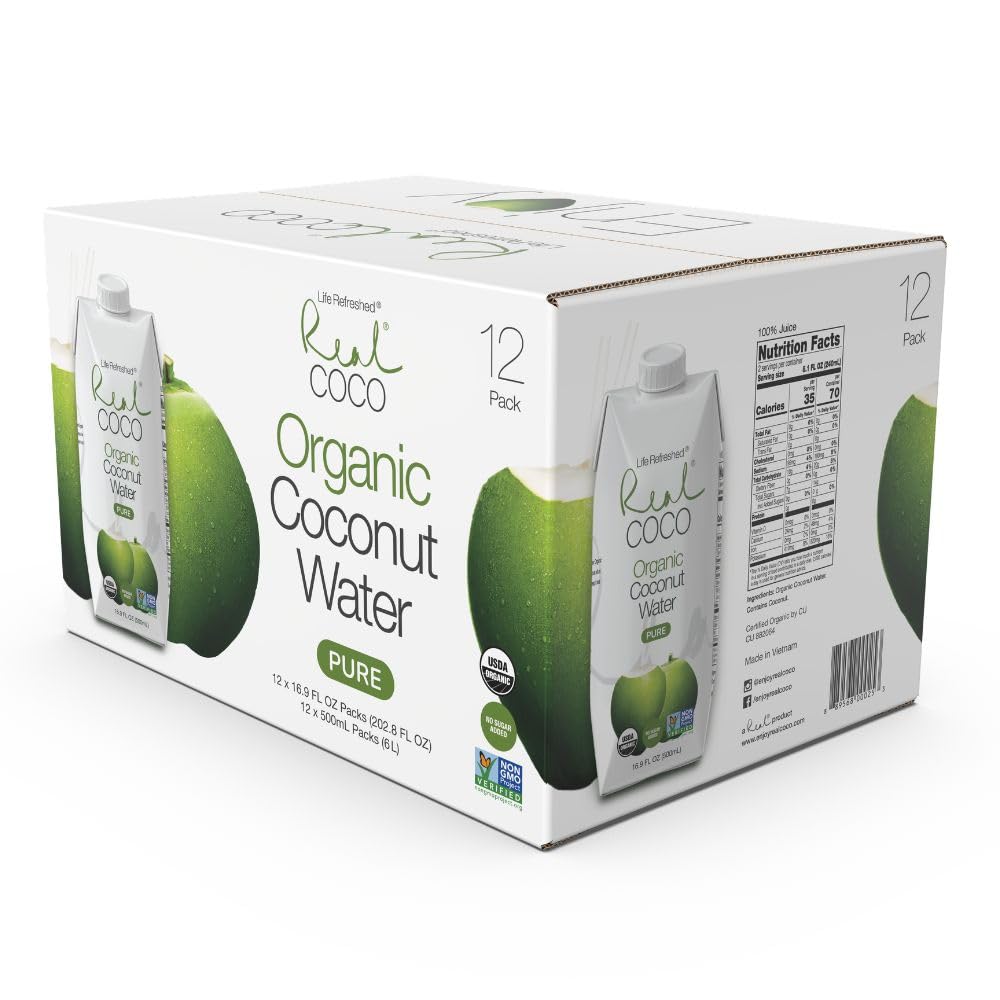 Real Coco Organic Pure Coconut Water 500mL, 100% USDA Organic Coconut Water, Packed with Electrolytes, Dairy/Soy Free, Vegan, Plant Based (12-pack