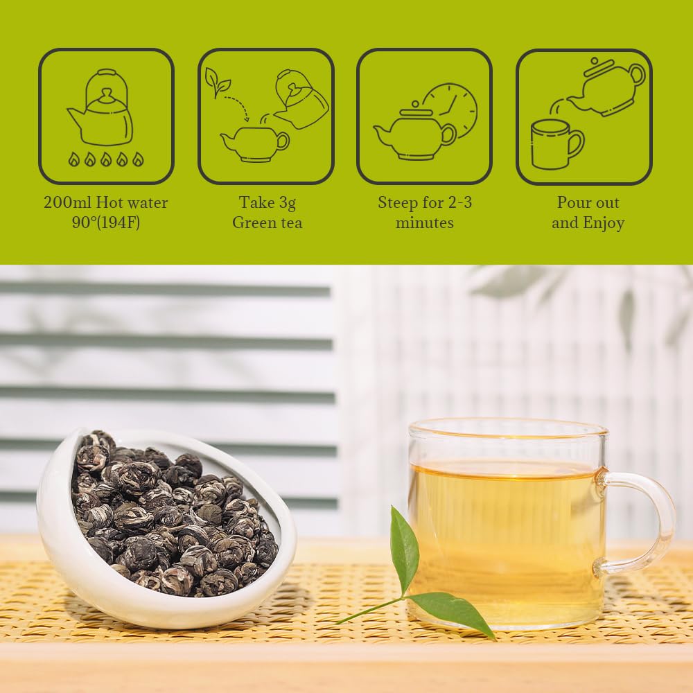 LWXLJMJZC?100g/3.53oz Jasmine Dragon Pearls Loose Leaf Green Tea with Pleasant Jamsine Aroma-Jasmine Tea Suitable For Both Hot And Cold
