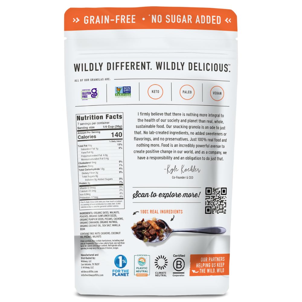 Wildway Keto Granola | Peach Pecan | Grain-Free, Certified Gluten-Free Cereal | Vegan, Low Carb | No Sugar Added | Paleo-Friendly | Non-GMO Fruit
