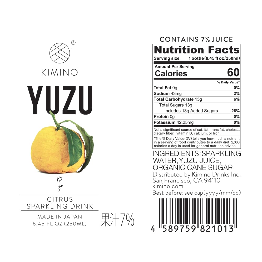 Kimino Sparkling Juice Beverage 8.45 Fl Oz (Yuzu, Pack of 12)