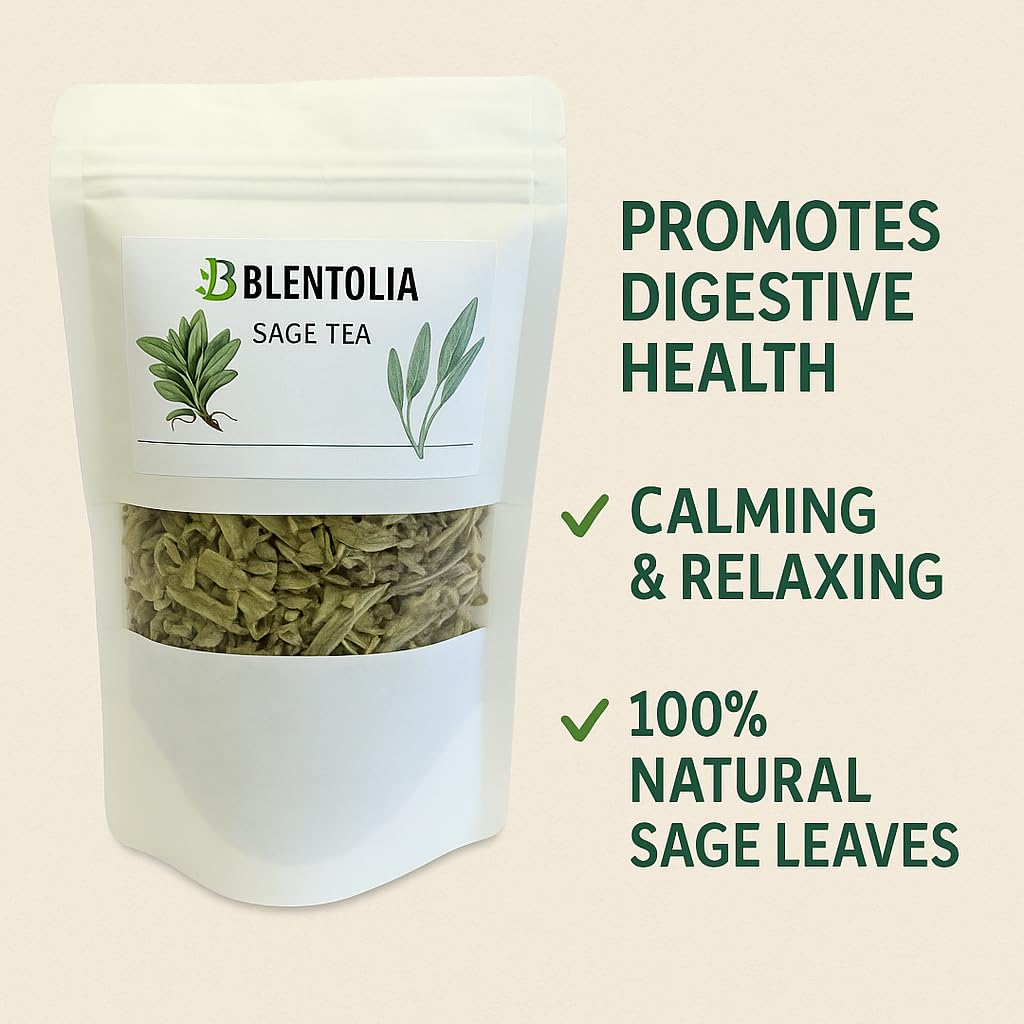 Blentolia Sage Tea - 100% Natural Dried Sage Leaves - Herbal Wellness Tea for Relaxation, Digestion & Immune Support - 50g Resealable Pouch