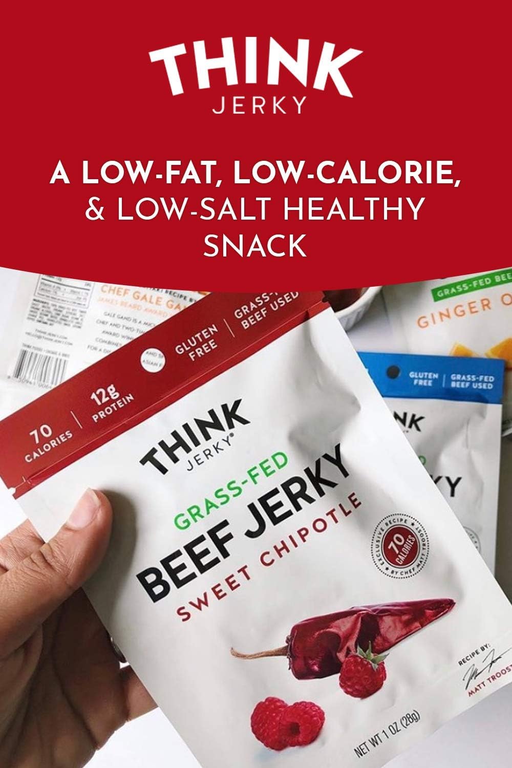 Think Jerky Sweet Chipotle Beef Jerky, Grass-Fed High Protein Beef, Gluten Free, No Antibiotics or Nitrates, Healthy Chef Crafted Recipe, Low Calorie