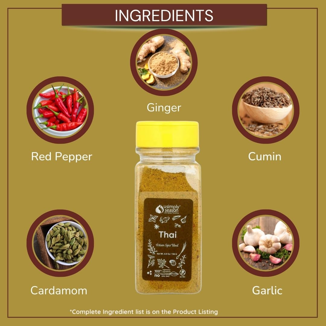 USimplySeason Thai Spice (4.8 oz) - Aromatic Asian Seasoning Blend, Ideal for Soups, Stir-fries, and Grills - No Salt, Vegan, Non-GMO, Made in the USA