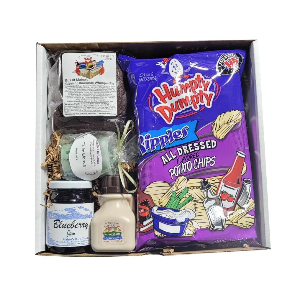 Box of Maine - 5-item Gift Pack - Humpty Dumpty All Dressed, Chocolate Whoopie Pie, Wild Maine Blueberry Jam, Maine Maple Syrup and Maine Woods Candle