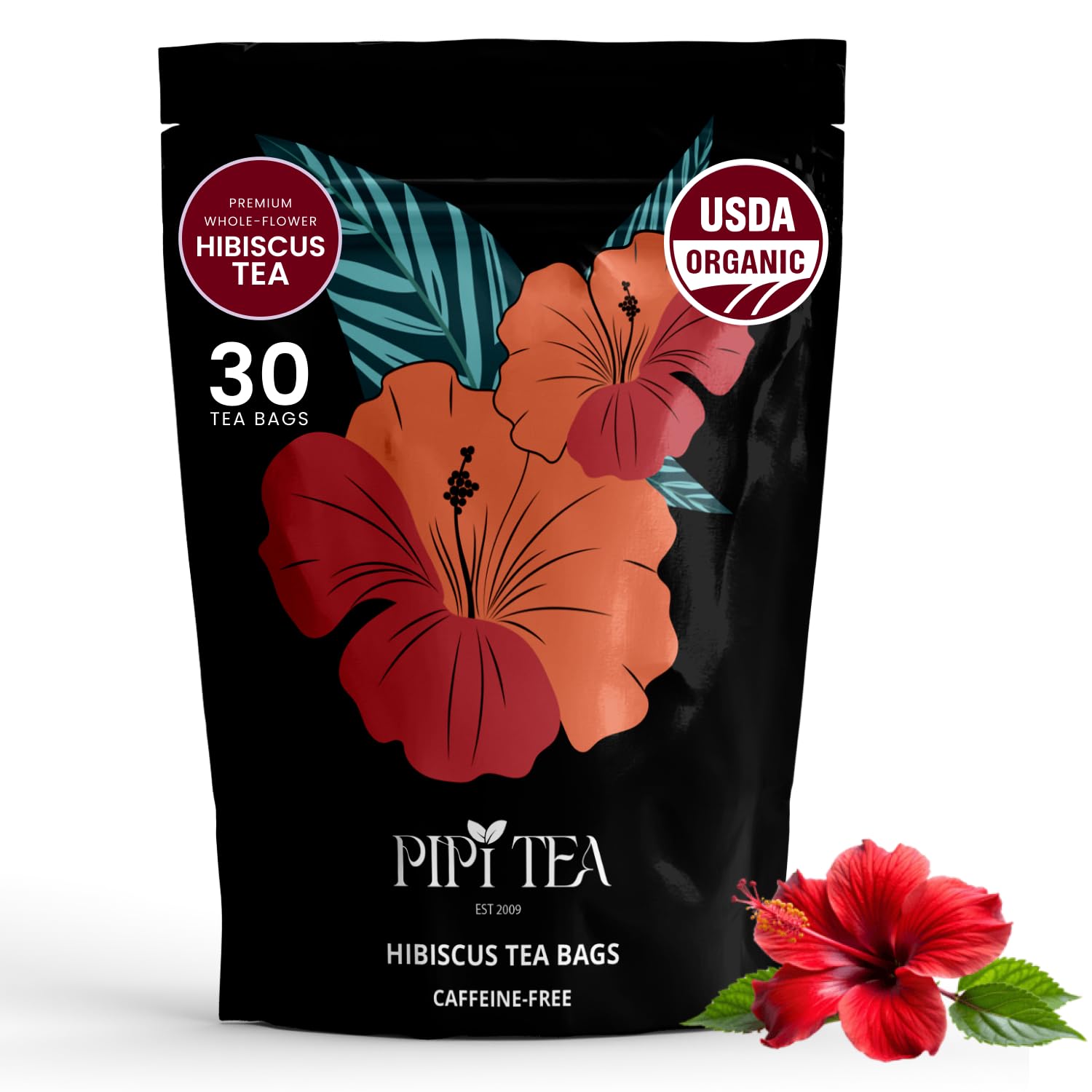 PiPi Tea Organic Hibiscus Tea Bags - Caffeine Free Herbal Tea Rich in Antioxidants, Non-GMO & Vegan, Sourced from Premium Hibiscus Flowers for Daily