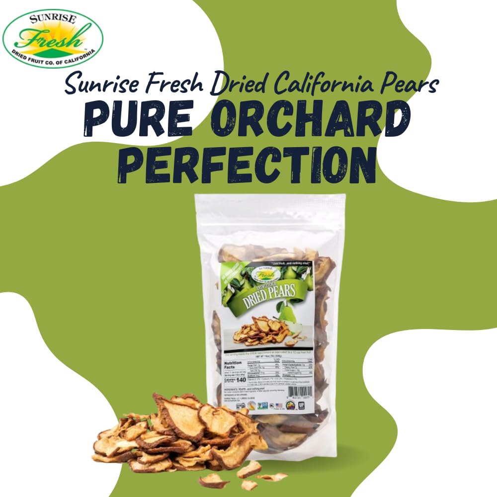 Sunrise Fresh Dried Fruit Company Unsweetened No Sugar Added No Preservative No Sulfur Dried California Pears, 1 lb Resealable Bag