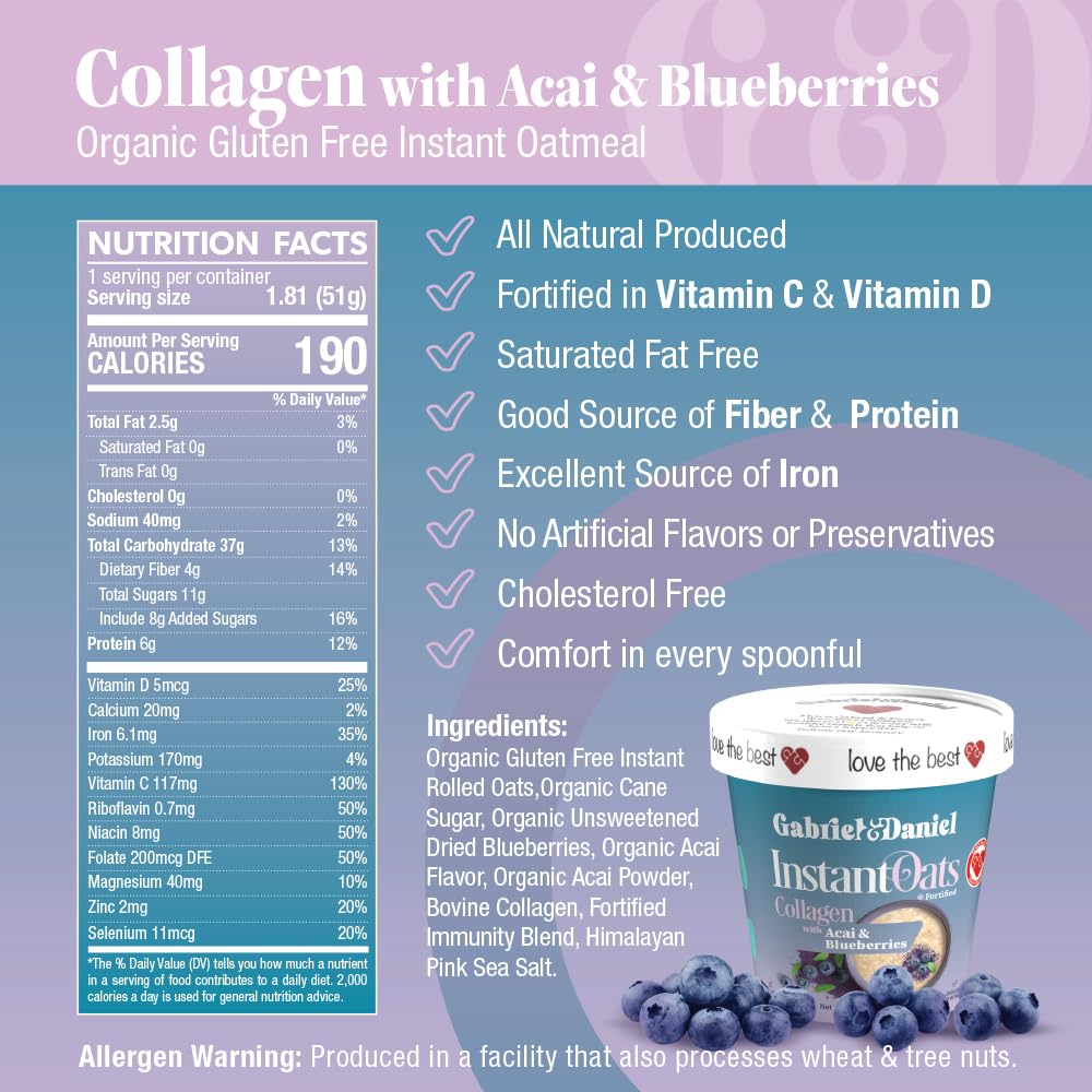 Gabriel & Daniel Instant Oatmeal w/Blueberries, Açaí & Collagen - Non-GMO, Pure and Organic Gluten Free Oats - High Protein & Fiber for Skin, Heart
