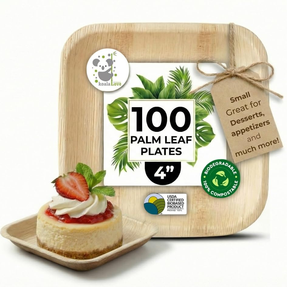 Palm Leaf Plates 4 Inch Bamboo Plate Disposable 100 Pack Small Dessert and Appetizer Square Party Plates Biodegradable Compostable Cocktail Better