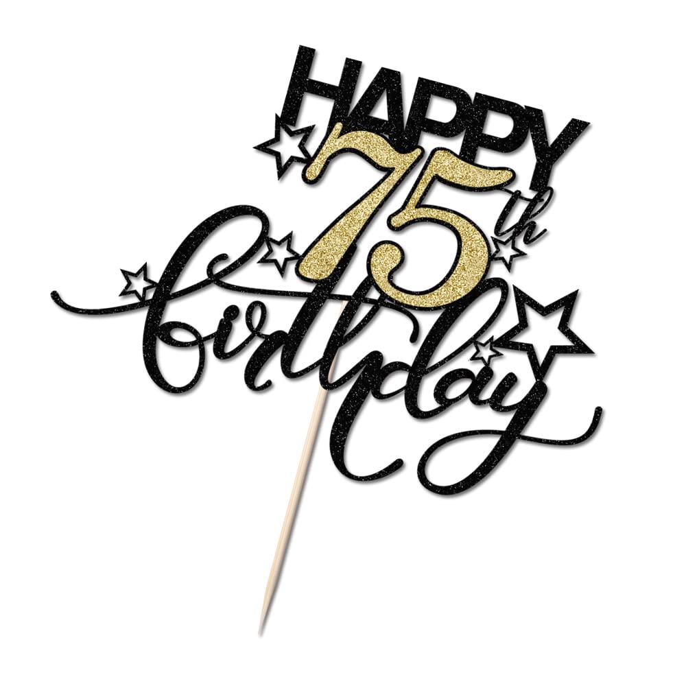 Bekaterea Happy Birthday Cake Topper,Black font Golden Numbers 75th Birthday Cake Decoration?Hello 75, Cheers to 75 Years/75th Anniversary ?75