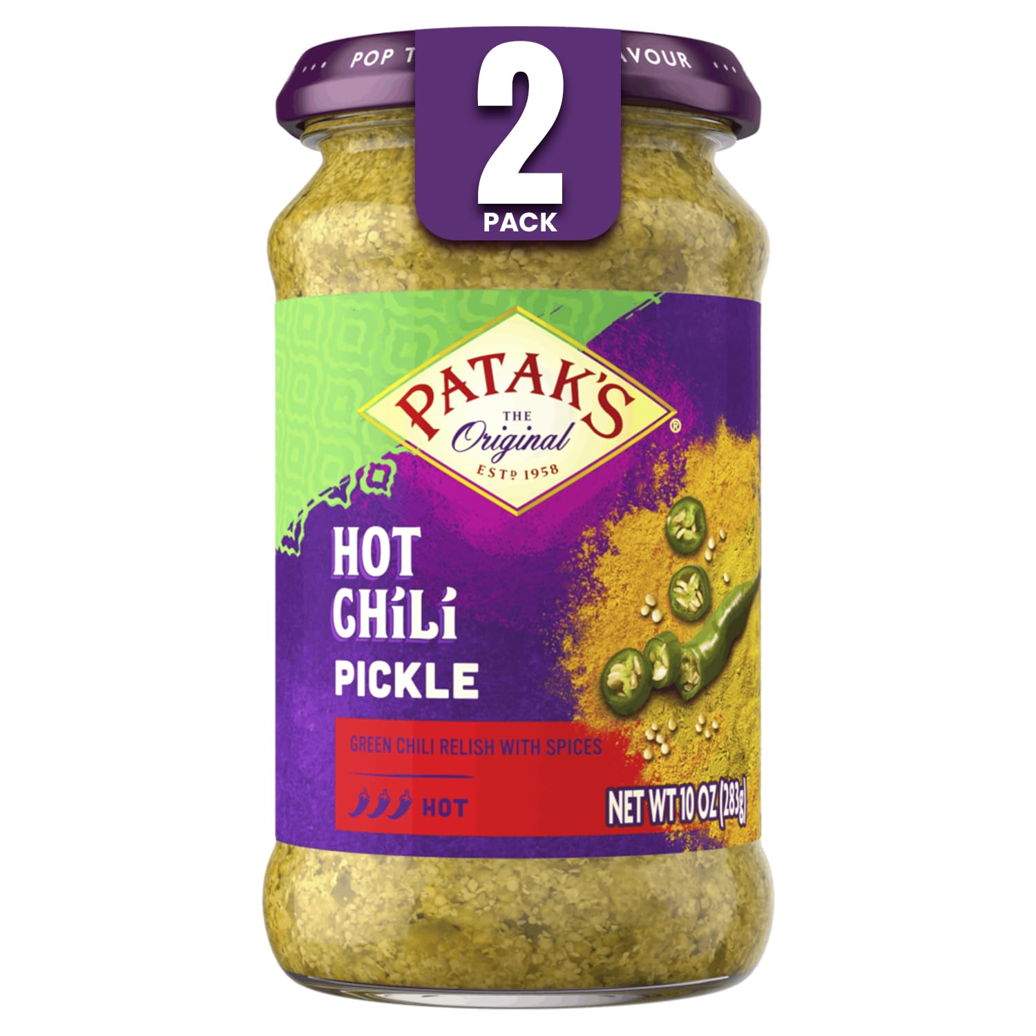 Patak’s Hot Chile Pickle 10 oz Jar (Pack of 2) - Authentic Indian Pickle with Chile Peppers, Mustard Seeds & Spices - Vegan & Gluten Free - No